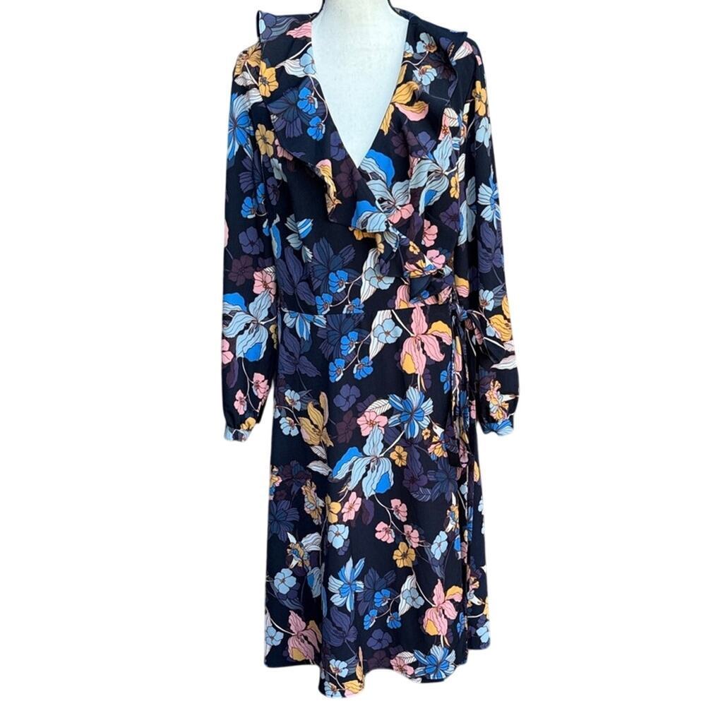 Who What Wear Navy Floral Wrap Midi Dress 1X Plus Long Sleeve V-Neck Ruffle